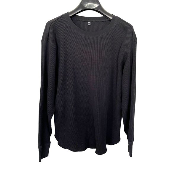 Uniqlo Waffle Cotton Crewneck Shirt Sz L Women's Black Long Sleeve - Picture 1 of 5